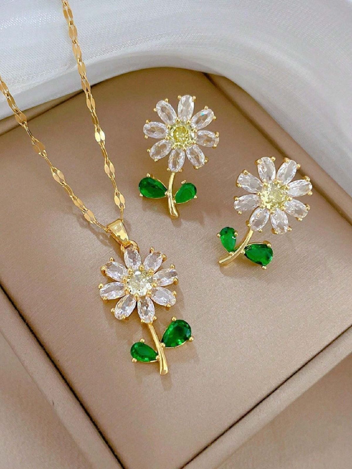 Gold-Tone Floral Crystal Pendant Necklace