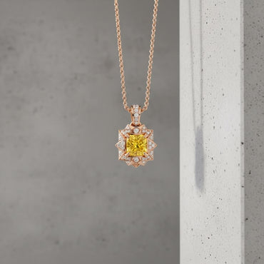 Radiant Canary Yellow Diamond Geometric Halo Pendant