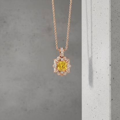 Radiant Canary Yellow Diamond Geometric Halo Pendant