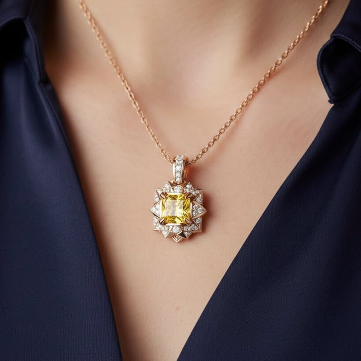 Radiant Canary Yellow Diamond Geometric Halo Pendant