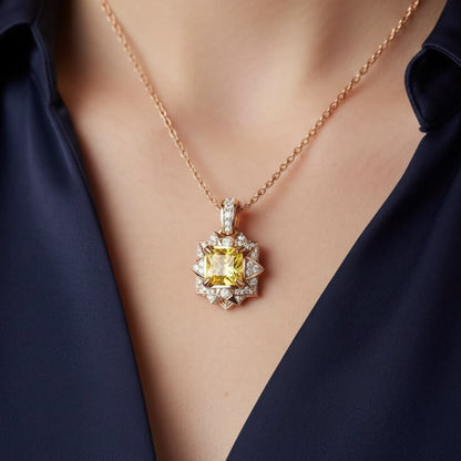 Radiant Canary Yellow Diamond Geometric Halo Pendant