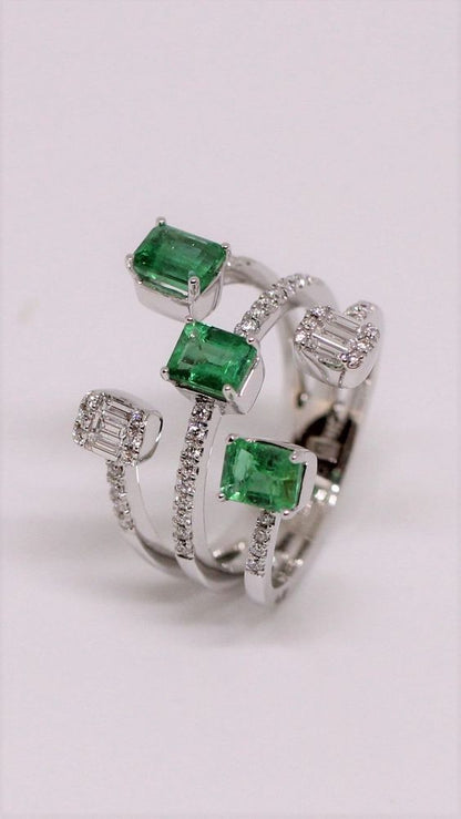 🌟 Emerald & Diamond Multi-Row Open Bypass Ring