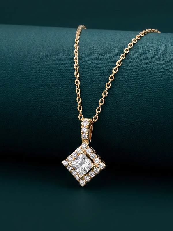 Elegant Princess-Cut Diamond Halo Pendant Necklace