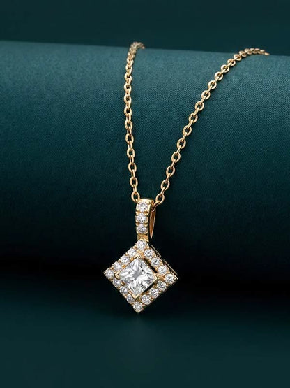 Elegant Princess-Cut Diamond Halo Pendant Necklace