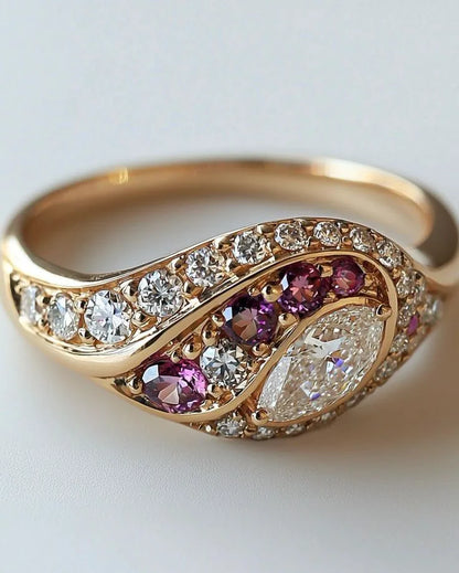 🌟 Organic Bypass Wave Ring with Marquise Diamond & Purple Gemstones