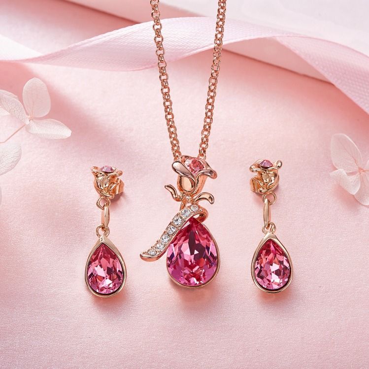🌹 Elegant Pink Rose & Teardrop Crystal Jewelry Set