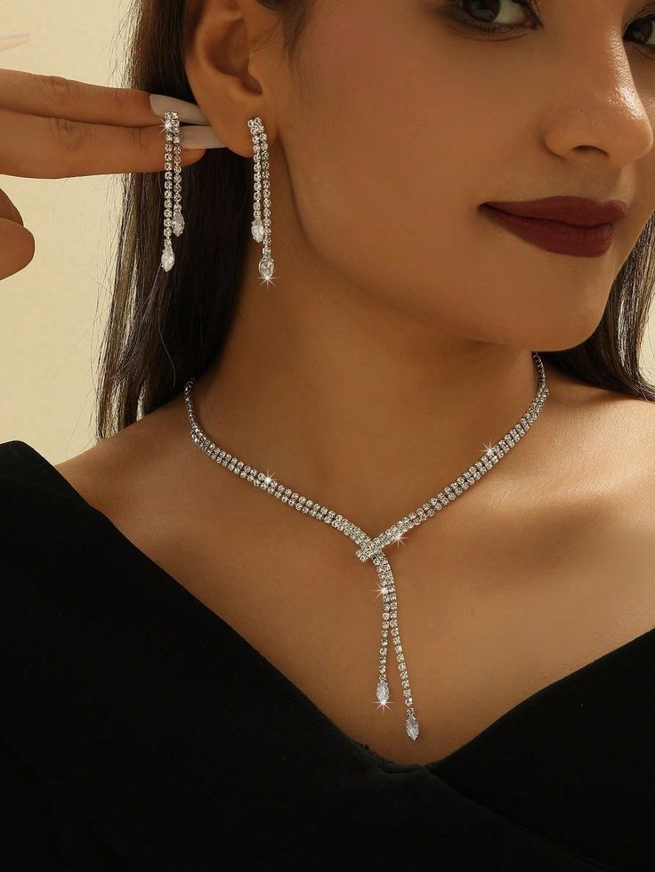 Elegant Sparkling Rhinestone Y-Drop Lariat Necklace & Earring Set