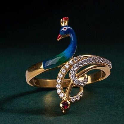 Exquisite Enamel Peacock Statement Ring