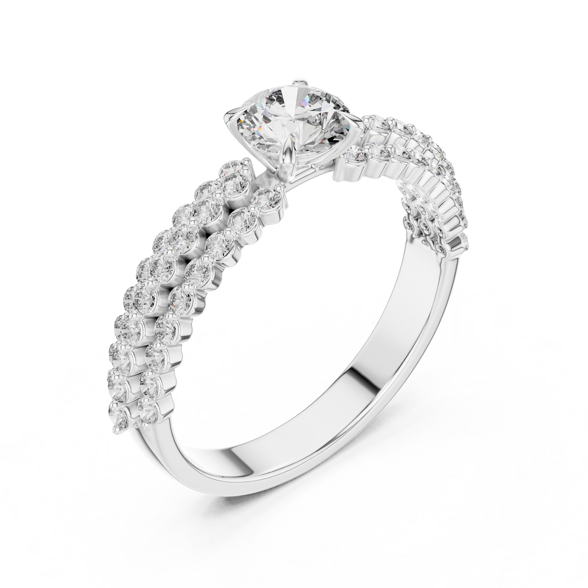 Double Row Split Band Round Diamond Engagement Ring