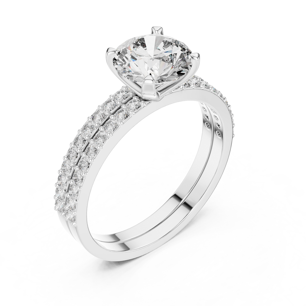 Classic Double-Row Pavé Solitaire Engagement Ring