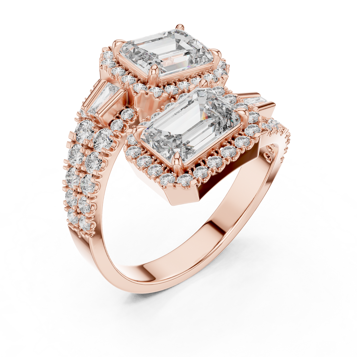 Emerald Cut Dual-Halo Toi et Moi Ring
