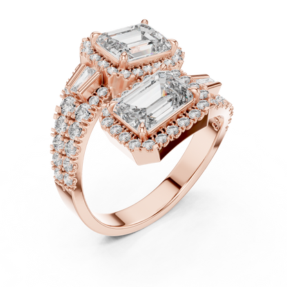 Emerald Cut Dual-Halo Toi et Moi Ring