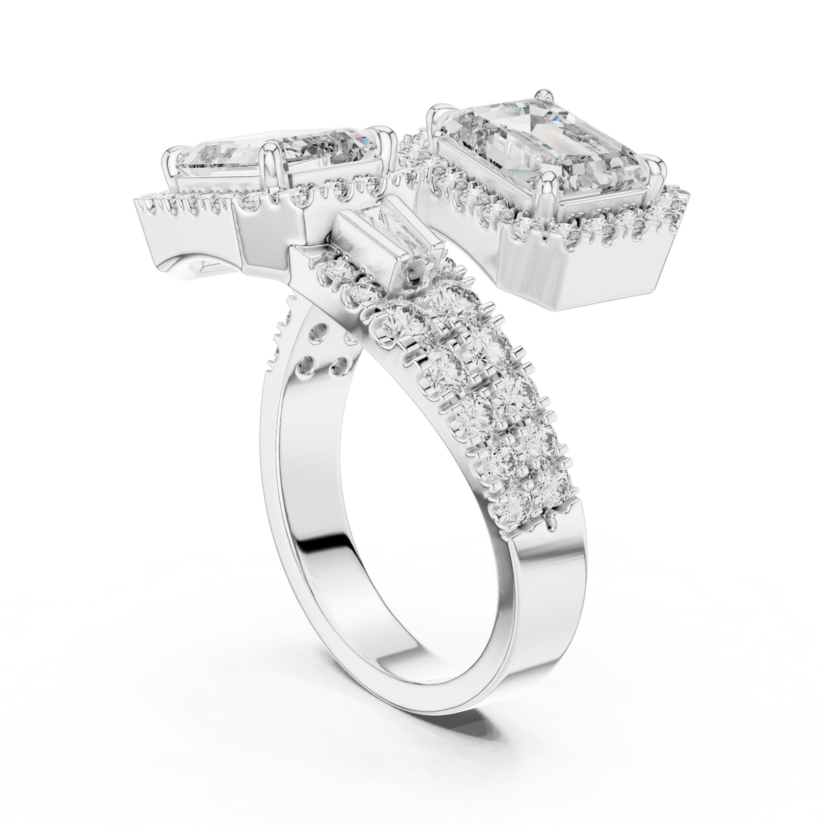 Emerald Cut Dual-Halo Toi et Moi Ring