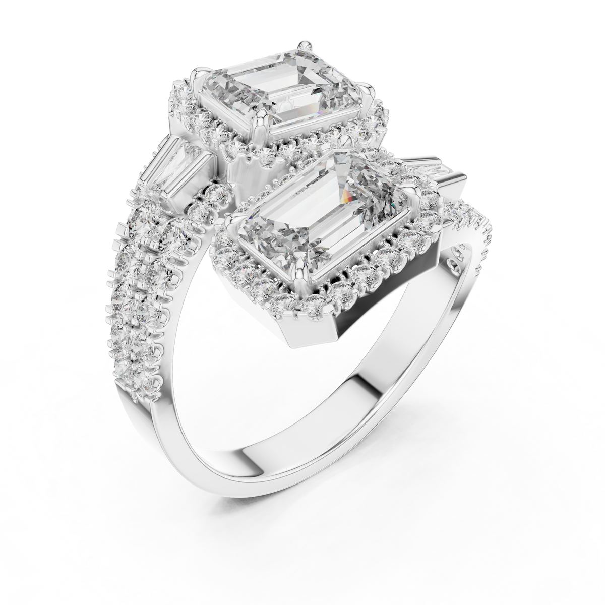 Emerald Cut Dual-Halo Toi et Moi Ring