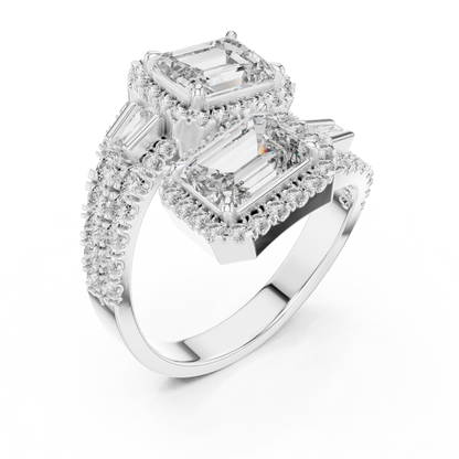 Emerald Cut Dual-Halo Toi et Moi Ring