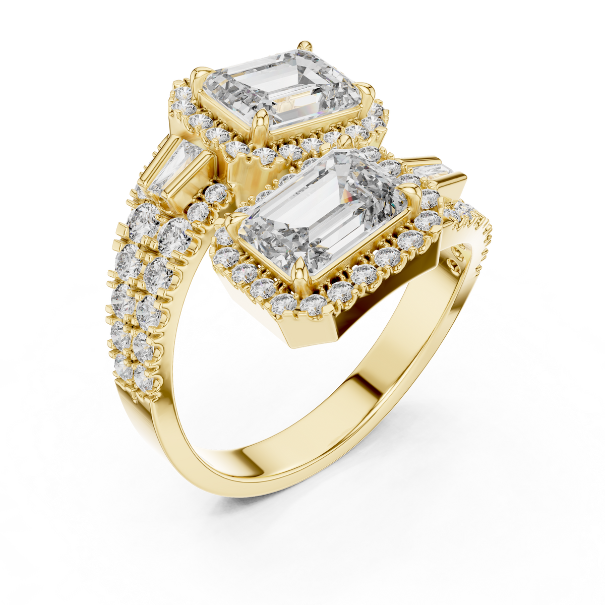 Emerald Cut Dual-Halo Toi et Moi Ring