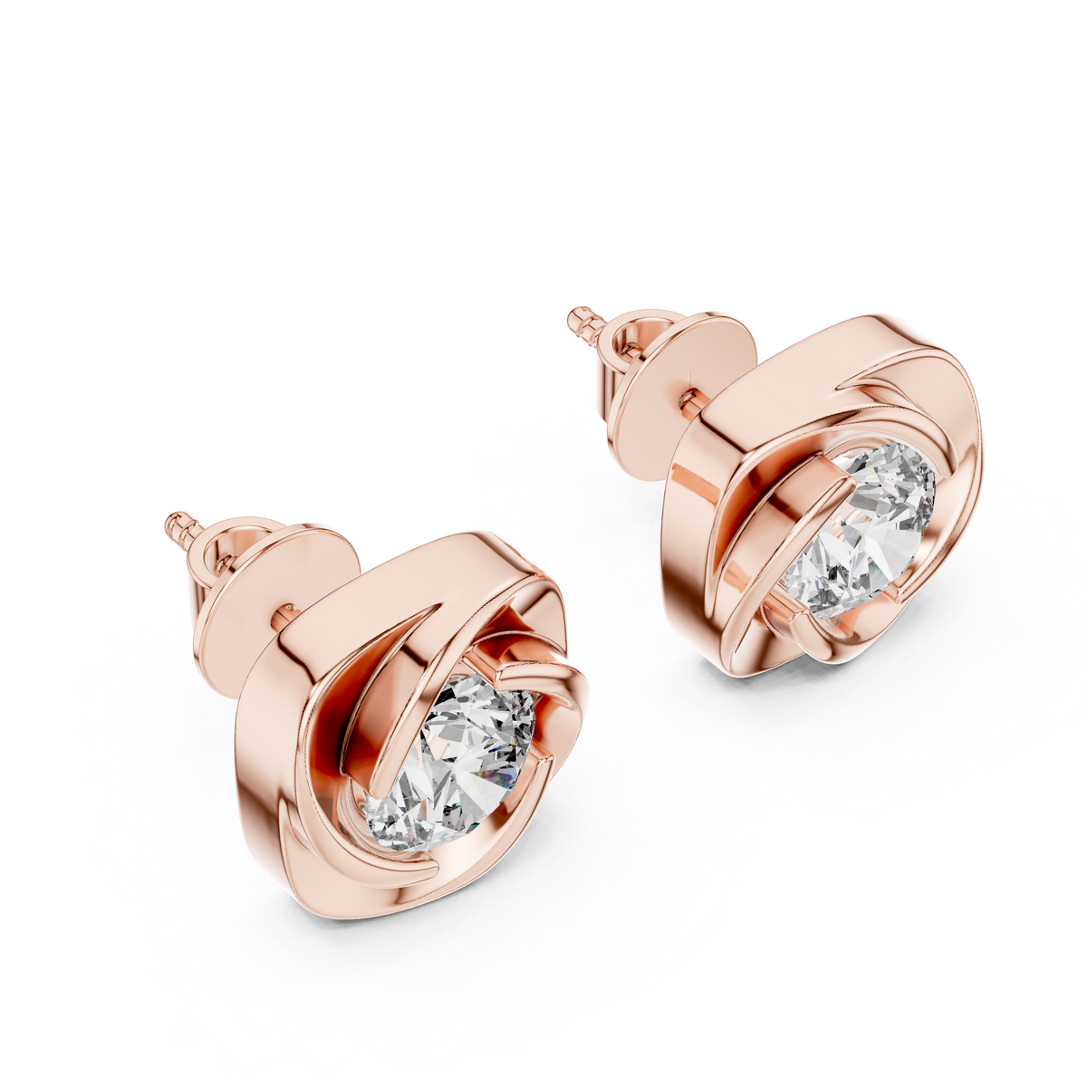 Modern Spiral Solitaire Diamond Stud Earrings