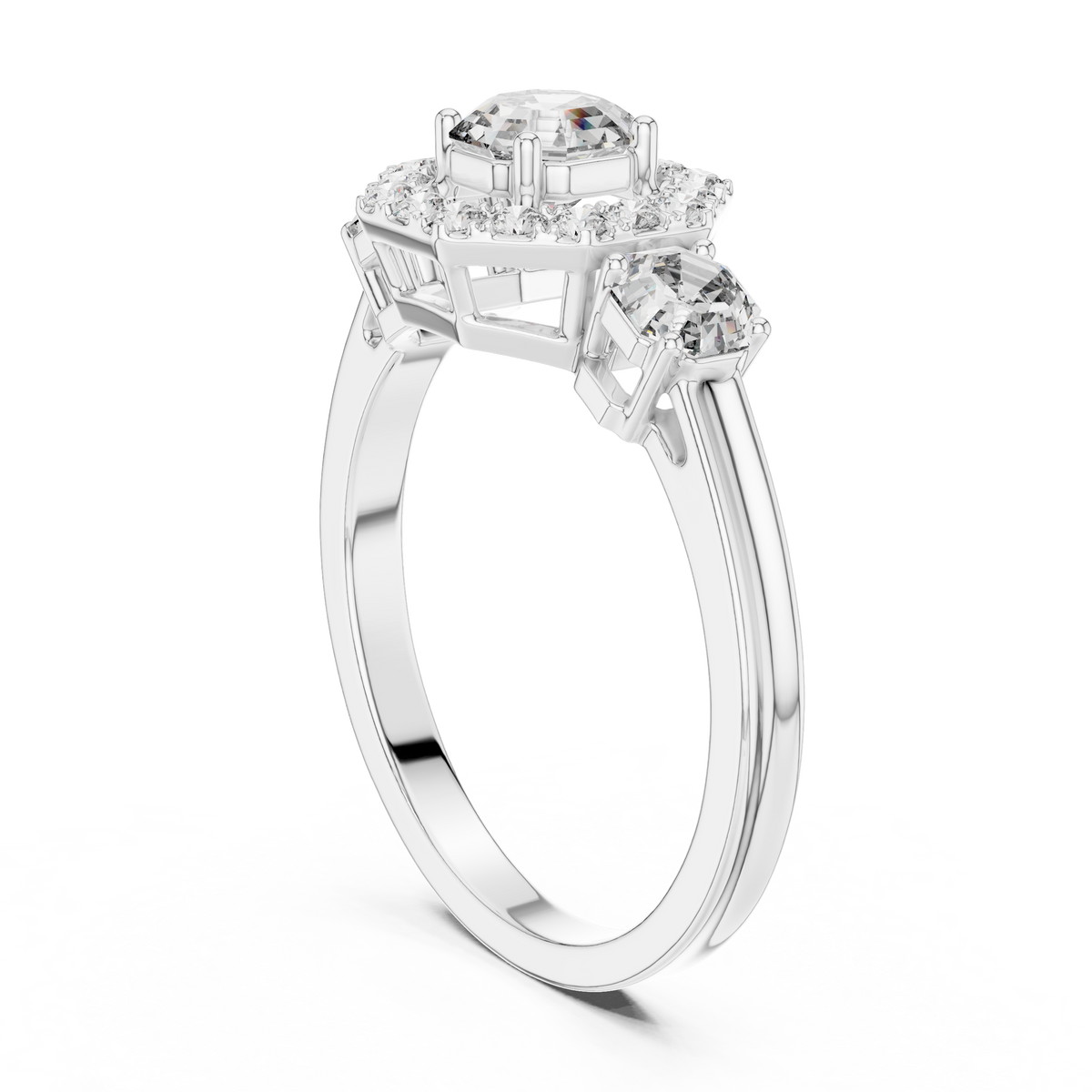 Three-Stone Halo Engagement Ring
