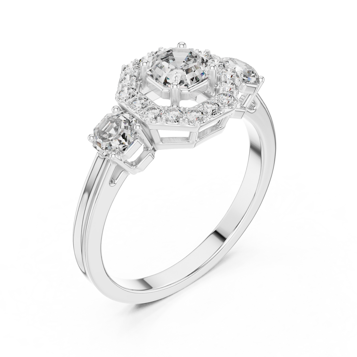 Three-Stone Halo Engagement Ring