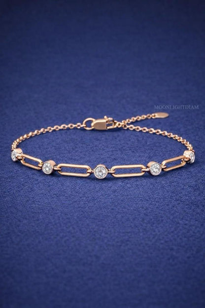Elegant Silver Bezel-Set Diamond Link Chain Bracelet for Women