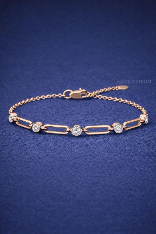 Elegant Silver Bezel-Set Diamond Link Chain Bracelet for Women