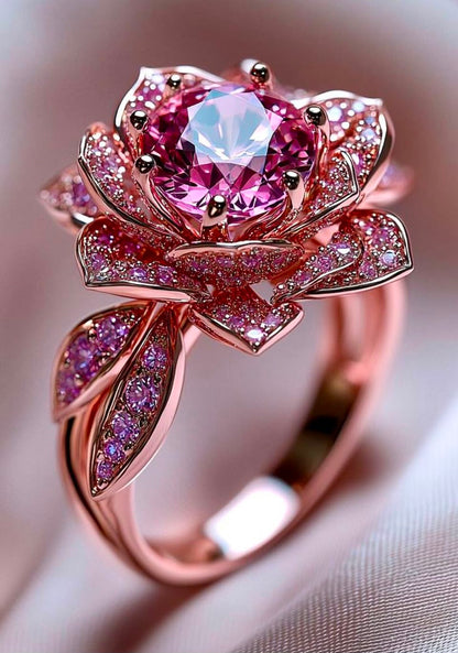Rose Gold Floral Pink Gemstone Statement Ring