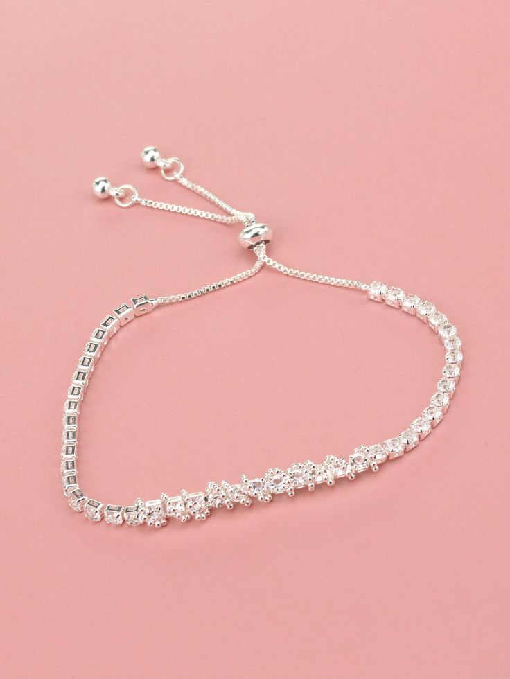 💎 Sparkly Adjustable Silver Tennis Bolo Bracelet