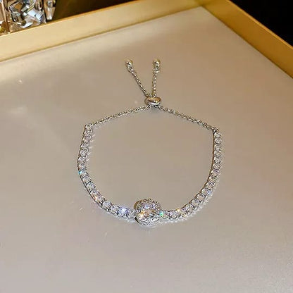 Sparkling Crystal Halo Center Adjustable Tennis Bracelet – Silver-Tone Bolo Bracelet for Women