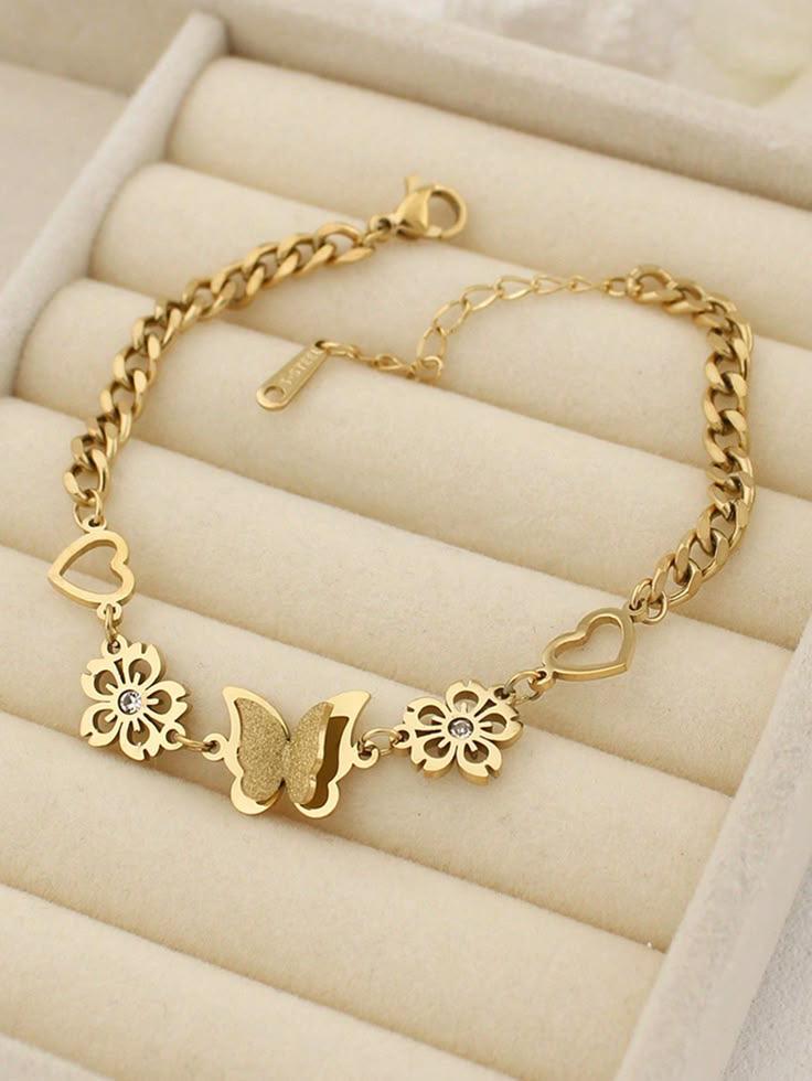 Elegant Gold Stainless Steel Butterfly & Floral Charm Bracelet