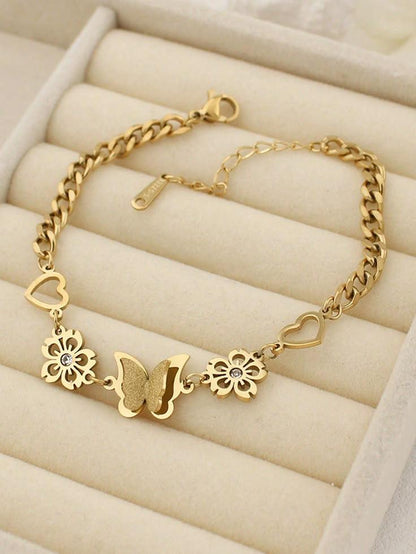 Elegant Gold Stainless Steel Butterfly & Floral Charm Bracelet