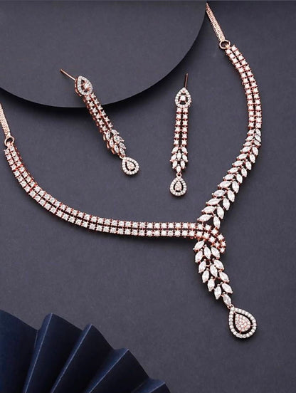Elegant Rose Gold Cubic Zirconia Necklace & Earring Set