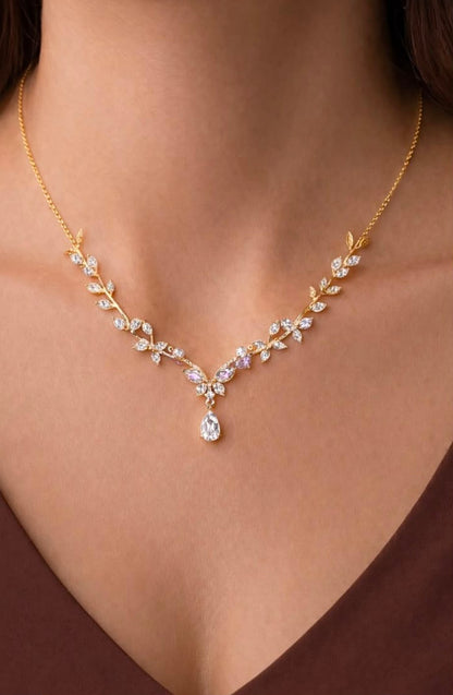 Elegant Vine & Leaf V-Shaped Crystal Drop Necklace