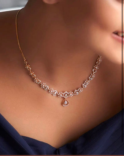 💎 Elegant Rose Gold Diamond Floral Drop Necklace