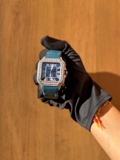 Luxury Square Diamond-Style Automatic Watch with Blue Leather Strap – Premium Men’s Wristwatch