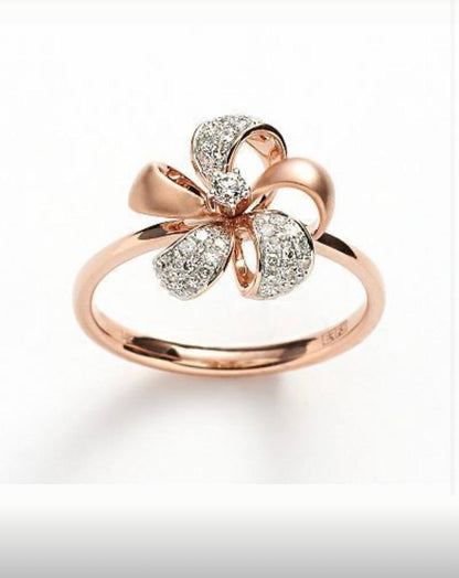 Elegant Rose Gold Floral Bow Diamond Ring