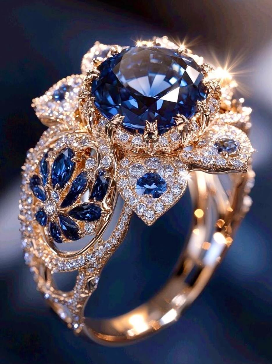 Statement Blue Sapphire & Diamond Floral Cocktail Ring