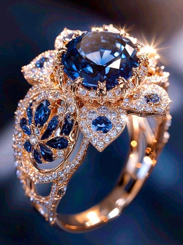 Statement Blue Sapphire & Diamond Floral Cocktail Ring