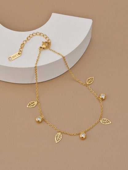 Elegant Gold-Plated Leaf & Cubic Zirconia Charm Anklet / Bracelet