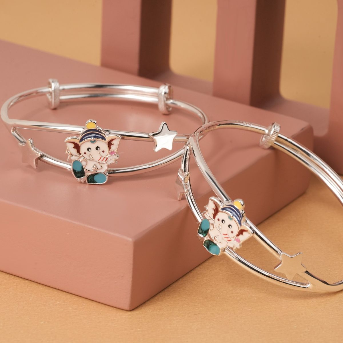 Cute Enamel Ganesha Silver Baby Bangles