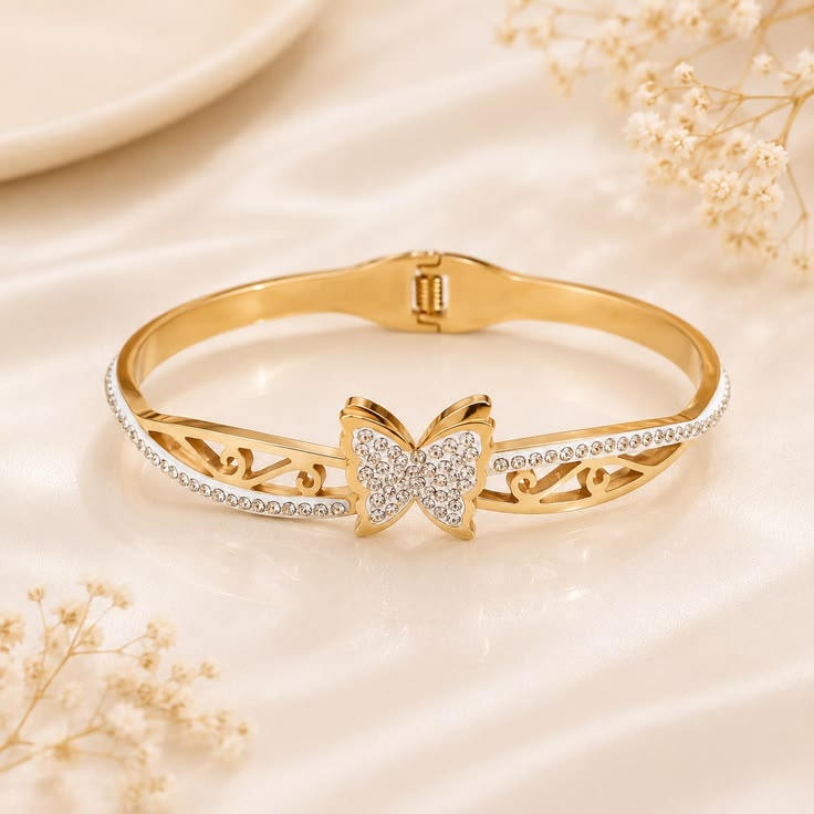 Elegant Gold-Tone Crystal Butterfly Bangle Bracelet