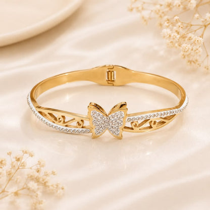 Elegant Gold-Tone Crystal Butterfly Bangle Bracelet