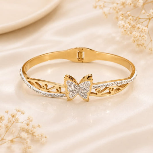 Elegant Gold-Tone Crystal Butterfly Bangle Bracelet