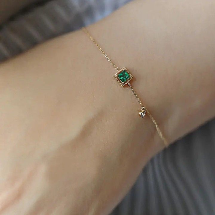 Minimalist Square Emerald & Diamond Accent Chain Bracelet