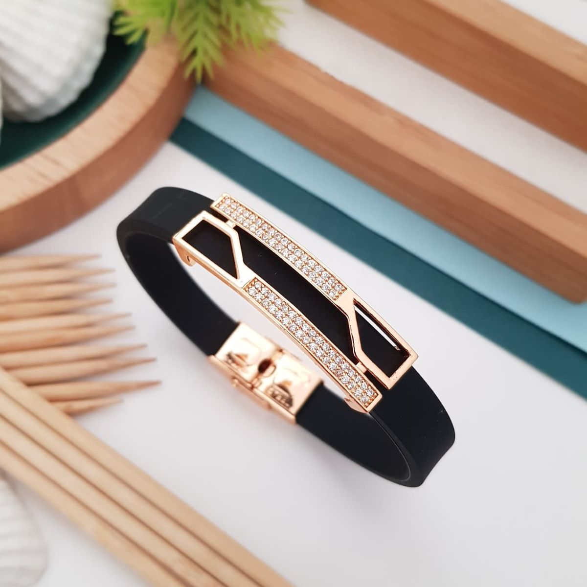 Modern Rose Gold & Black Silicone Pavé Bracelet