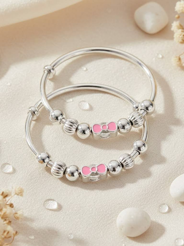 925 Sterling Silver Adjustable Baby Bangles with Pink Enamel Bow Charm & Silver Beads (Pair)