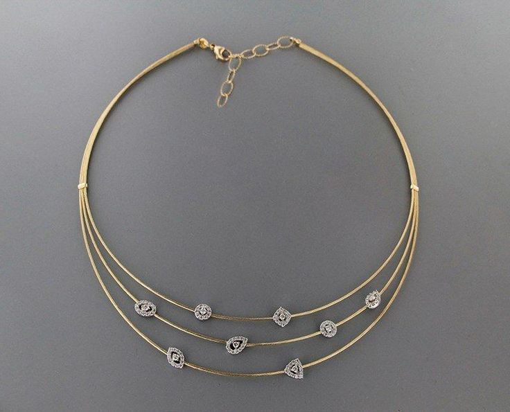 Triple-Strand Gold Collar Necklace with Geometric Diamond Stations