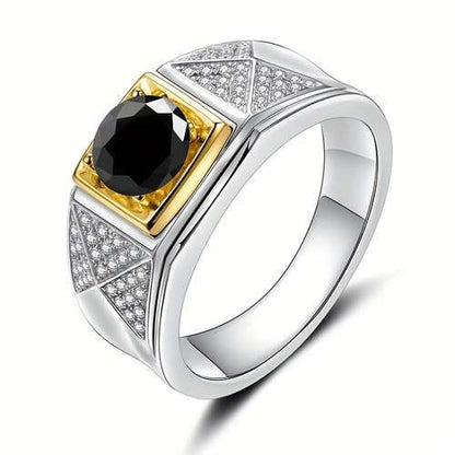 Men's Two-Tone Geometric Signet Ring with Round Black Gemstone
