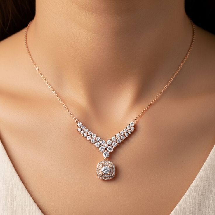 V-Shaped Diamond Necklace with Cushion Double-Halo Pendant