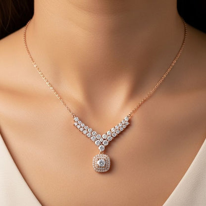 V-Shaped Diamond Necklace with Cushion Double-Halo Pendant