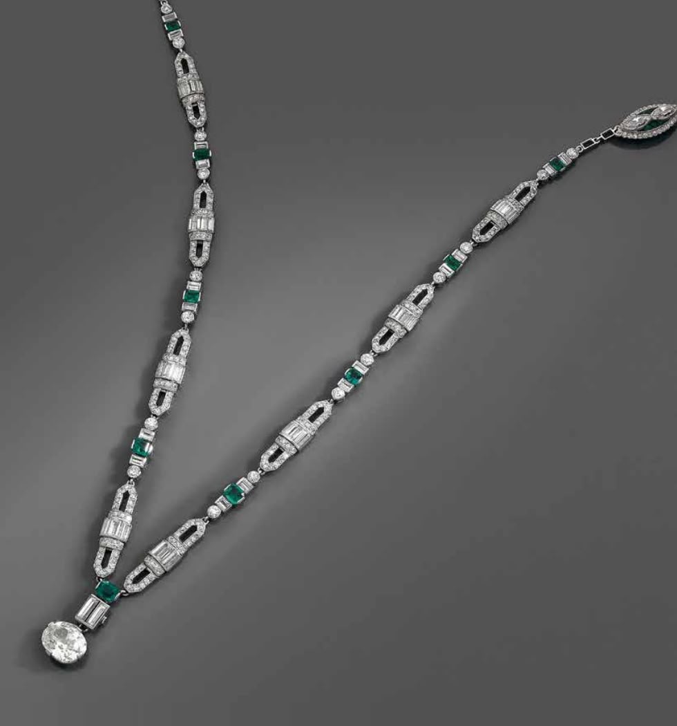 Art Deco Diamond & Emerald Geometric Pendant Necklace